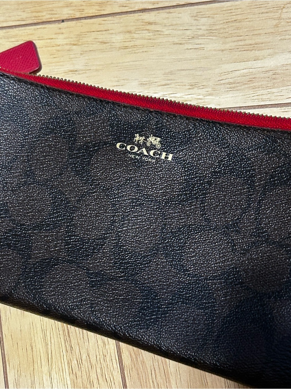 Coach Signature Brown Monogram Double Zip Wallet Red Trim - Picture 3 of 11